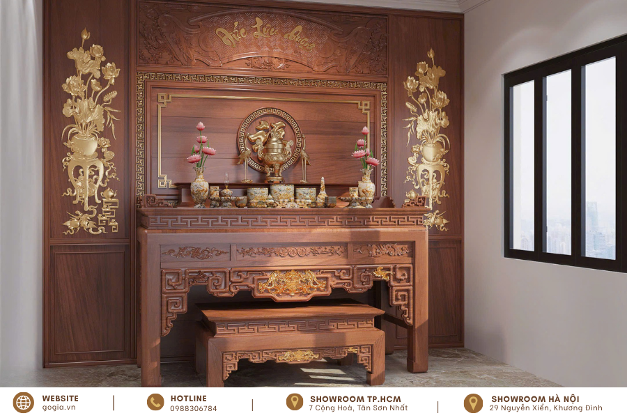 Mẫu phòng thờ biệt thự bằng gỗ óc chó