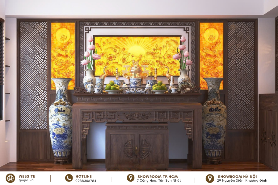 Mẫu phòng thờ biệt thự hiện đại có vách gỗ